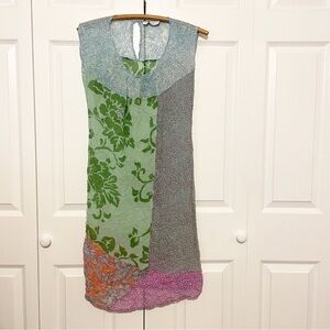 Megan Park 100% Silk Sheer Patchwork Dress Size 0 Small Mixed Floral Print Shift